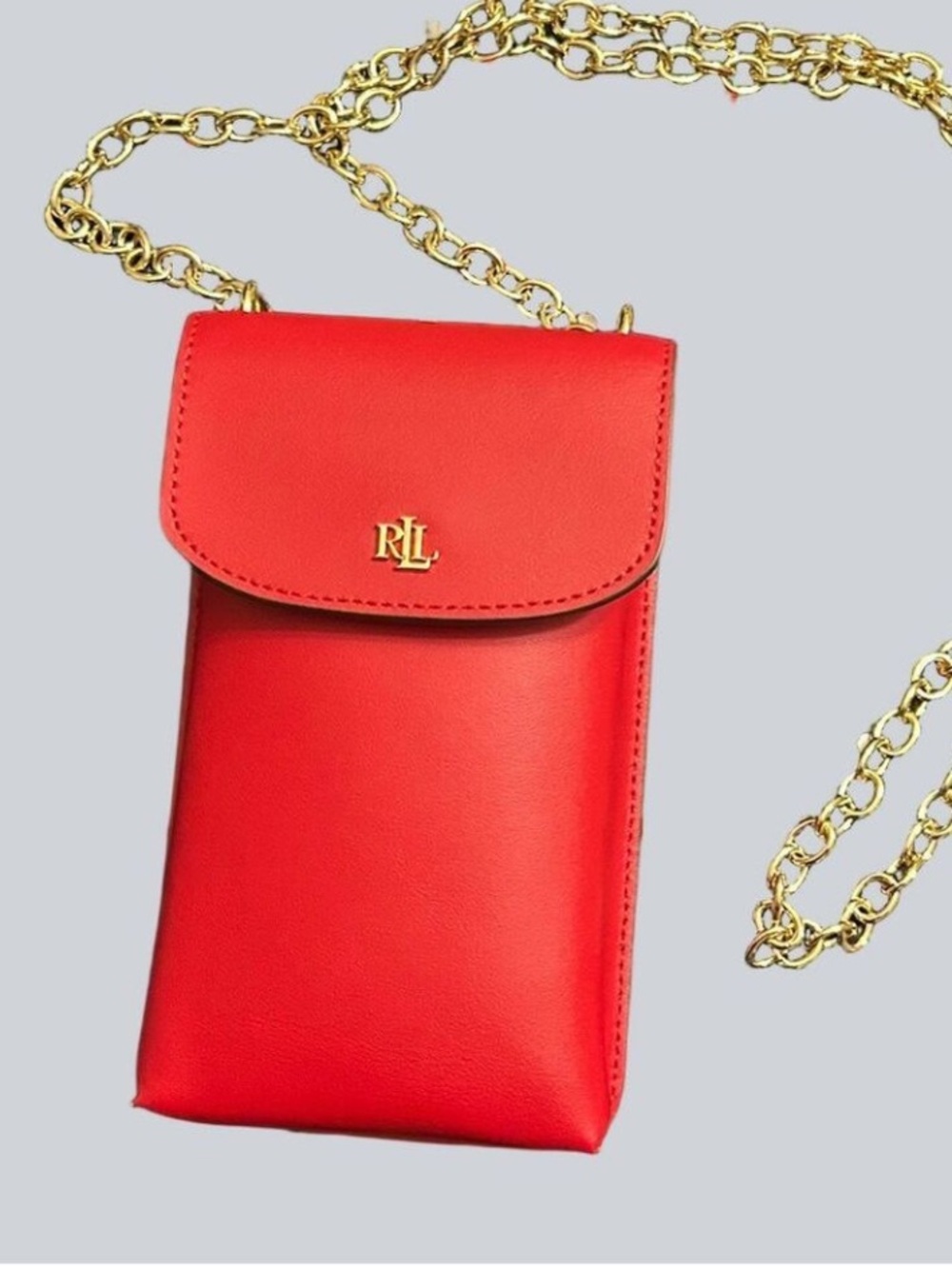 Ralph Lauren LRL Vibrant Lipstick Red Phone Bag Gold Crossbody Chain Preowned
